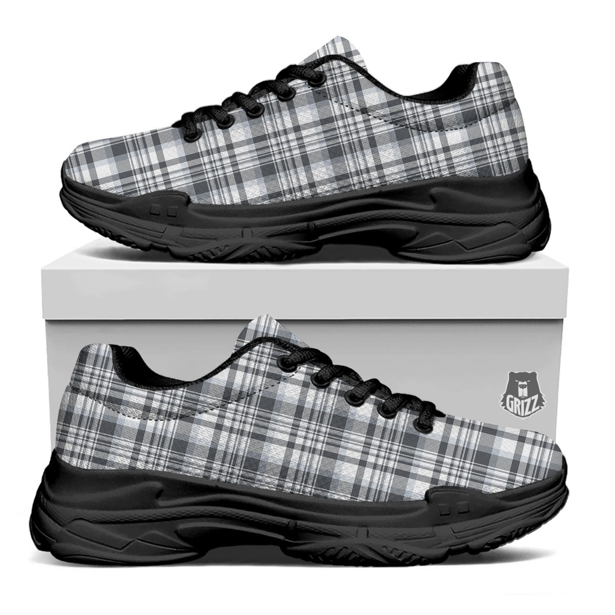 Border Tartan White And Grey Print Black Chunky Shoes-grizzshop