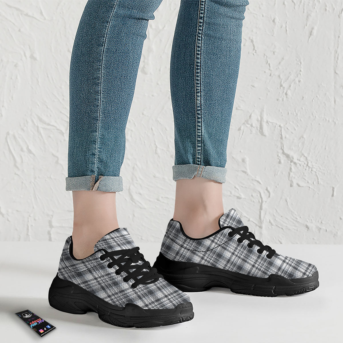 Border Tartan White And Grey Print Black Chunky Shoes-grizzshop