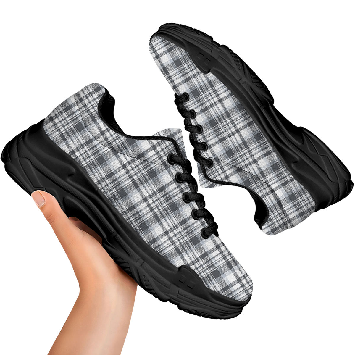 Border Tartan White And Grey Print Black Chunky Shoes-grizzshop