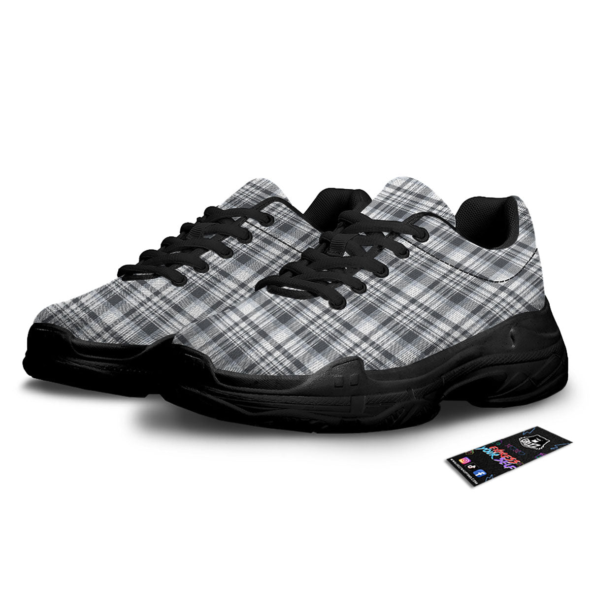 Border Tartan White And Grey Print Black Chunky Shoes-grizzshop