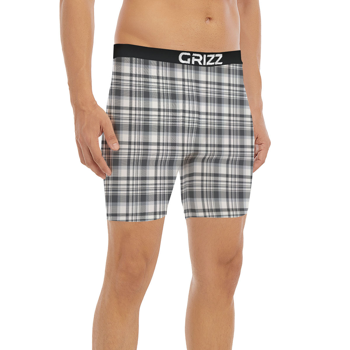 Border Tartan White And Grey Print Boxer Briefs-grizzshop