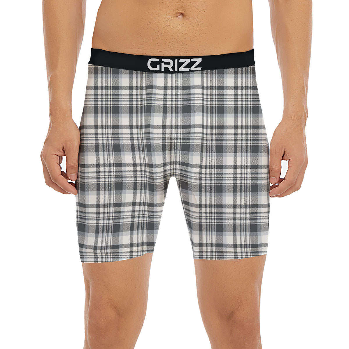 Border Tartan White And Grey Print Boxer Briefs-grizzshop