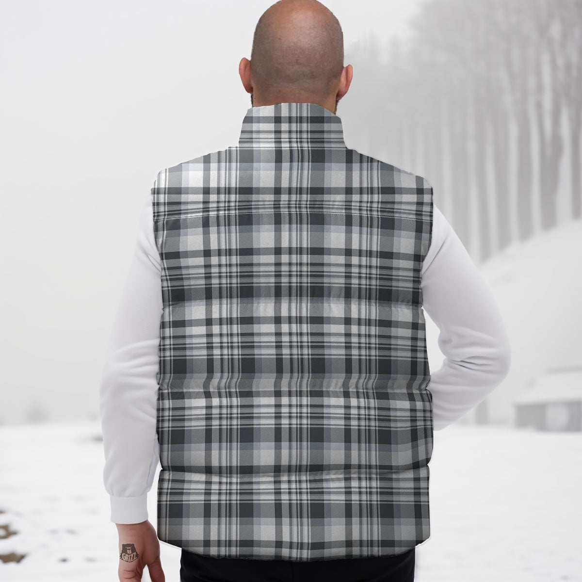 Border Tartan White And Grey Print Down Vest