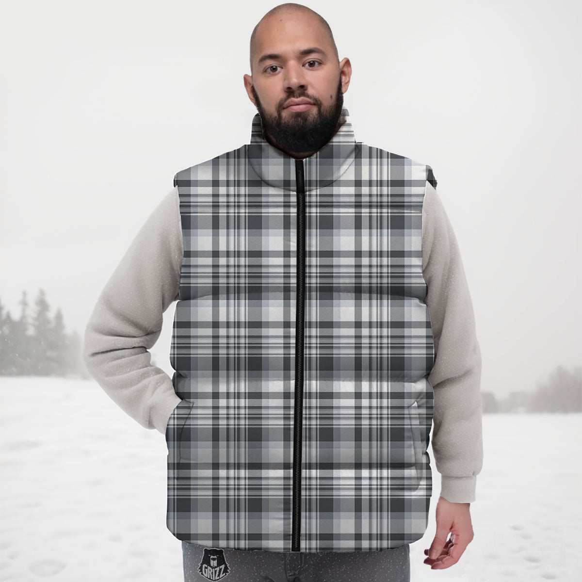 Border Tartan White And Grey Print Down Vest