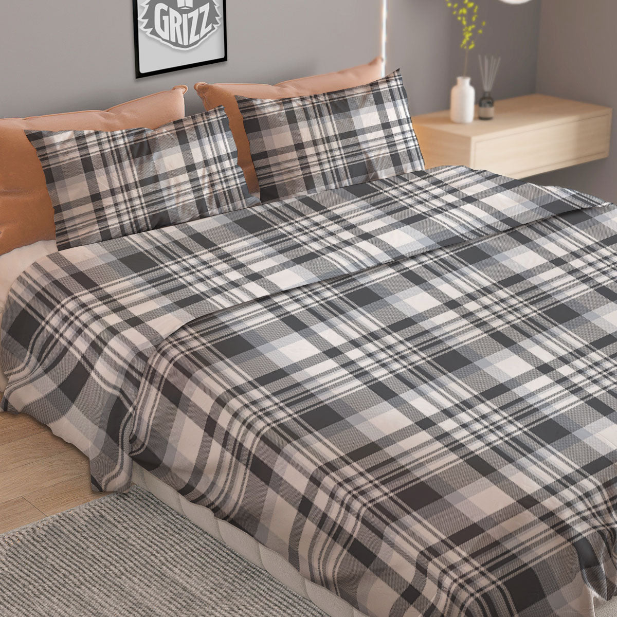 Border Tartan White And Grey Print Duvet Cover Bedding Set