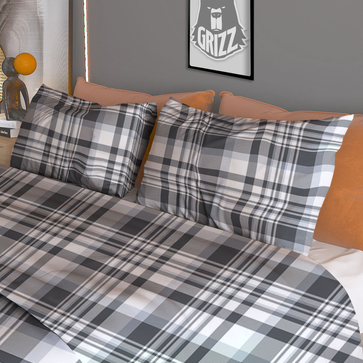 Border Tartan White And Grey Print Duvet Cover Bedding Set