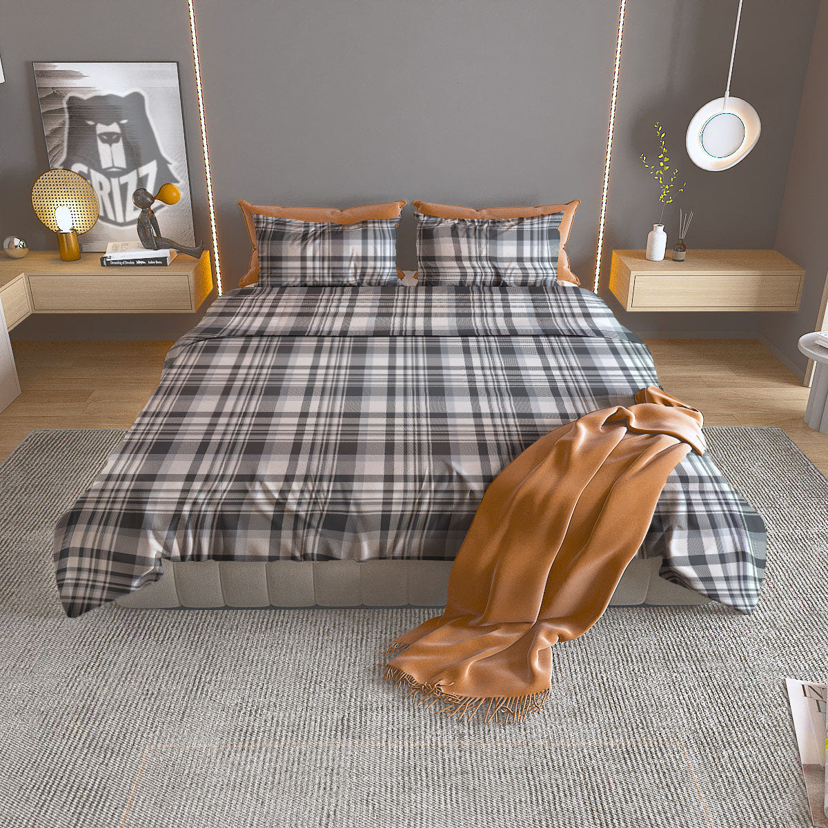 Border Tartan White And Grey Print Duvet Cover Bedding Set