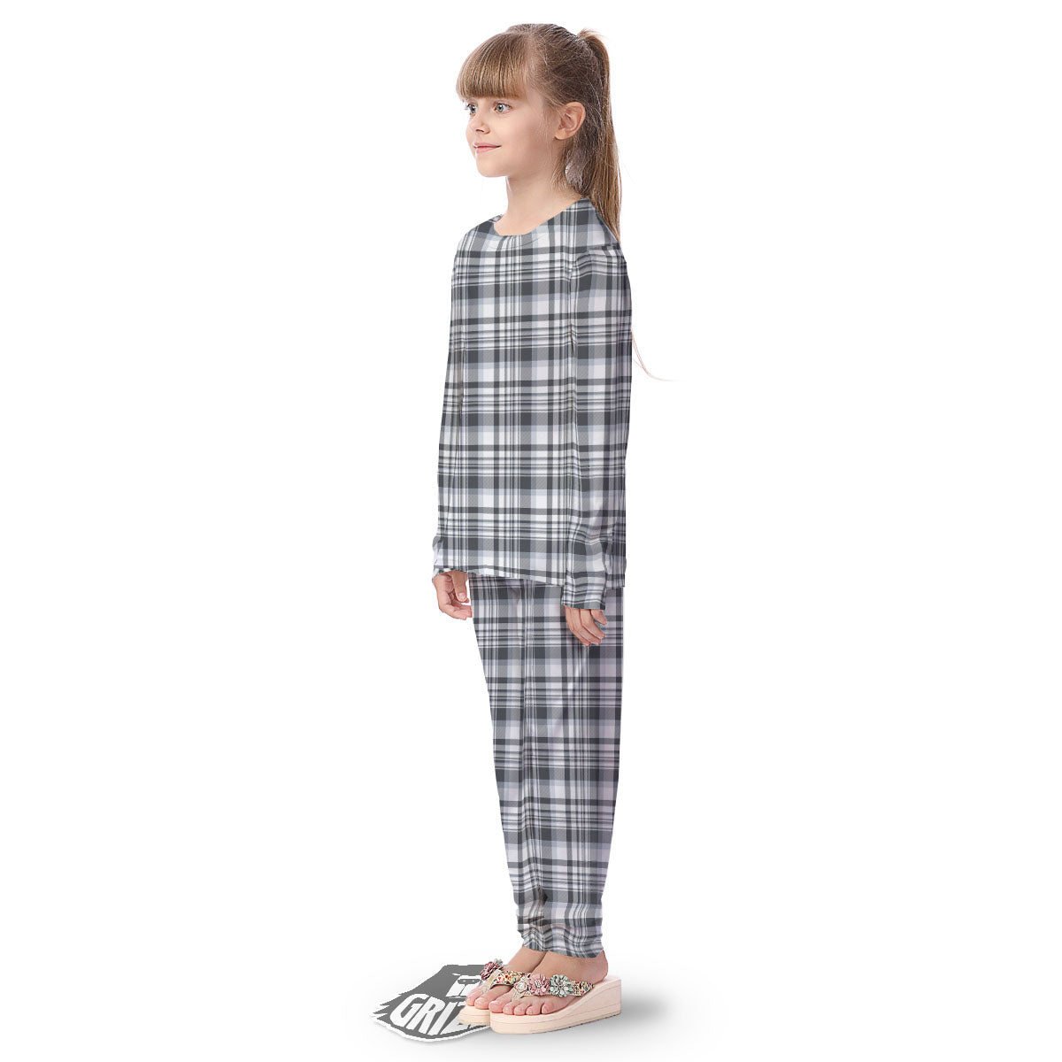 Border Tartan White And Grey Print Kid's Pajamas-grizzshop