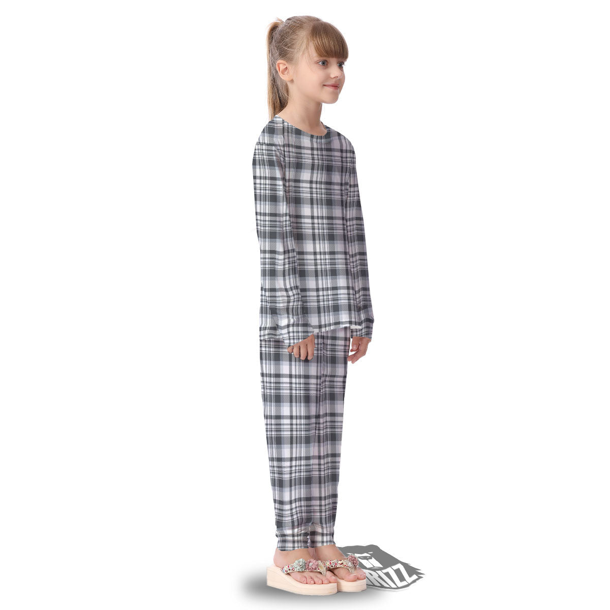 Border Tartan White And Grey Print Kid's Pajamas-grizzshop
