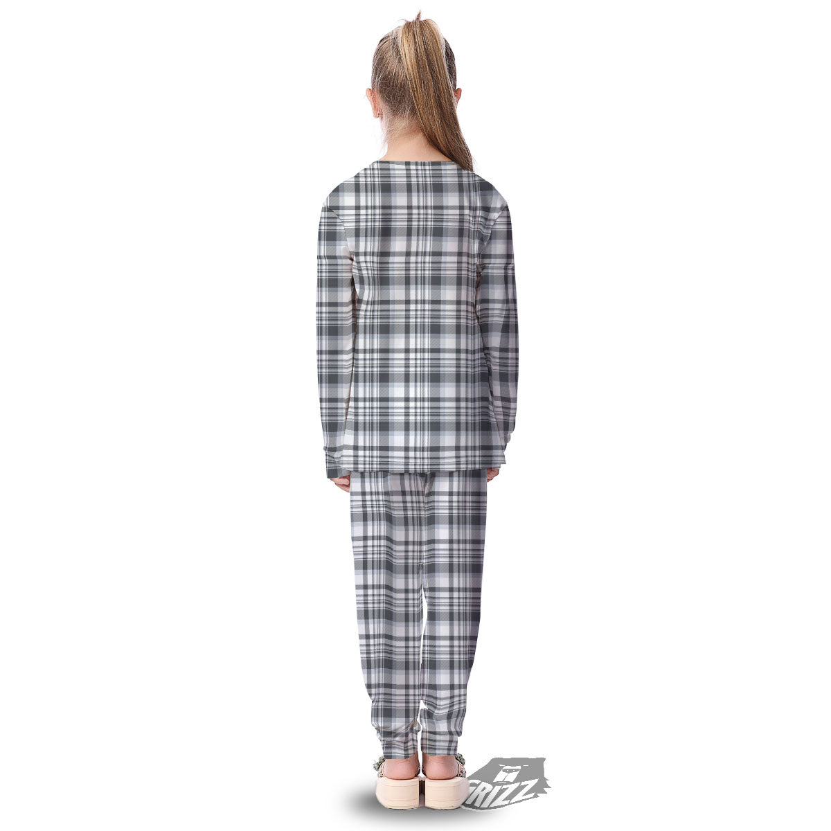 Border Tartan White And Grey Print Kid's Pajamas-grizzshop