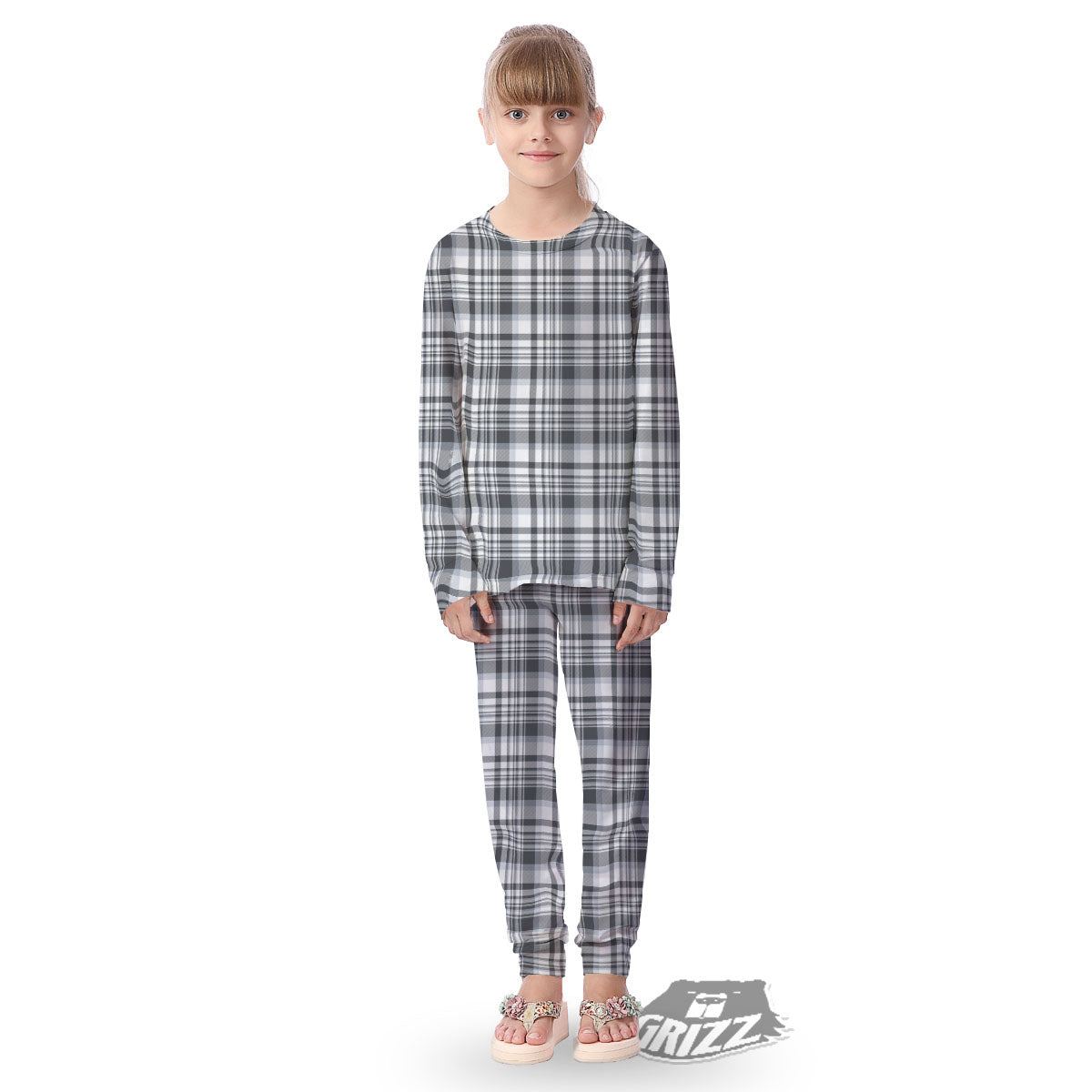Border Tartan White And Grey Print Kid's Pajamas-grizzshop