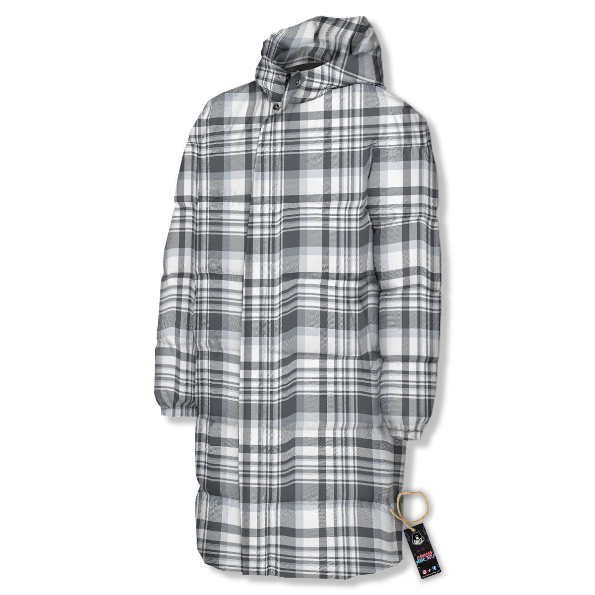 Border Tartan White And Grey Print Long Down Jacket-grizzshop