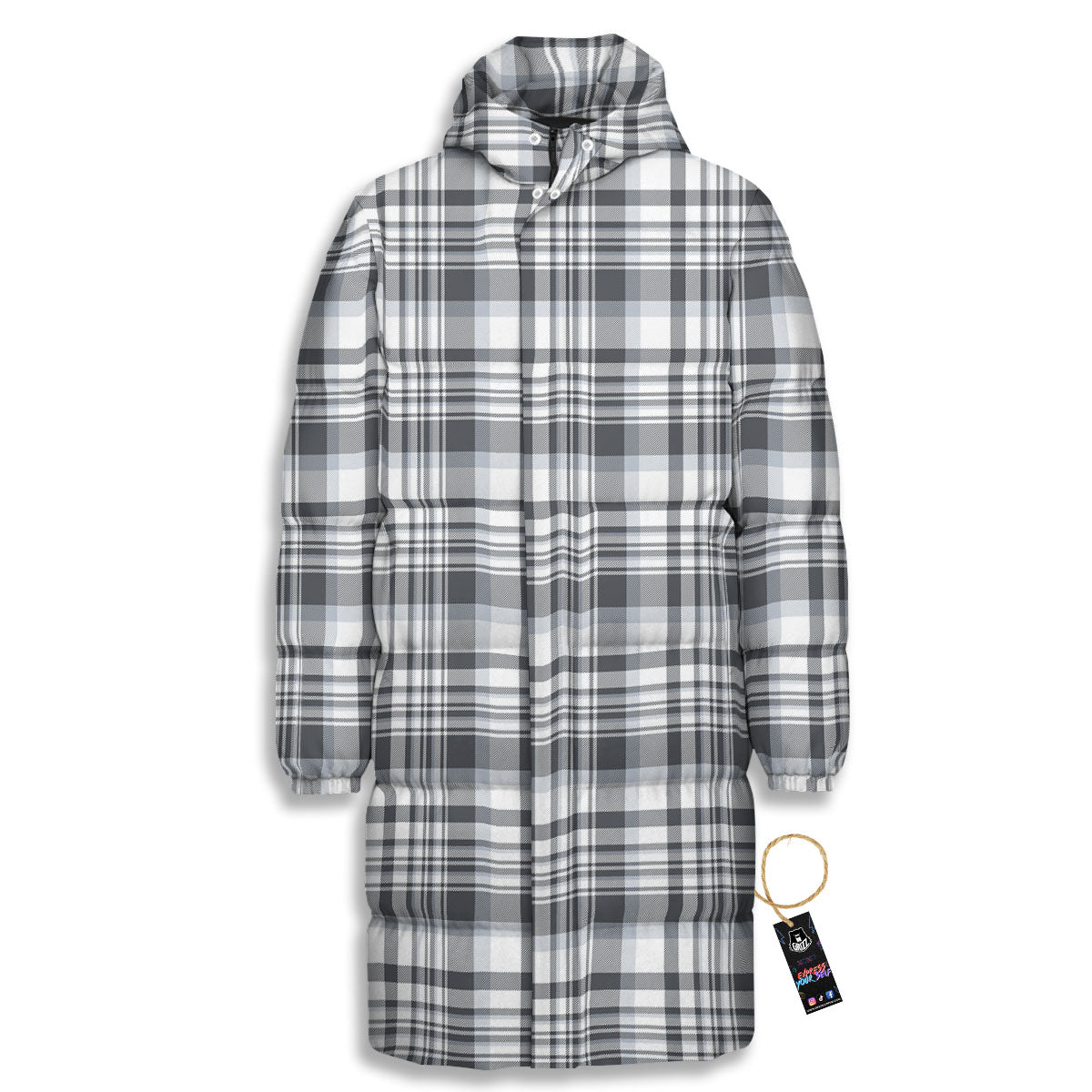 Border Tartan White And Grey Print Long Down Jacket-grizzshop