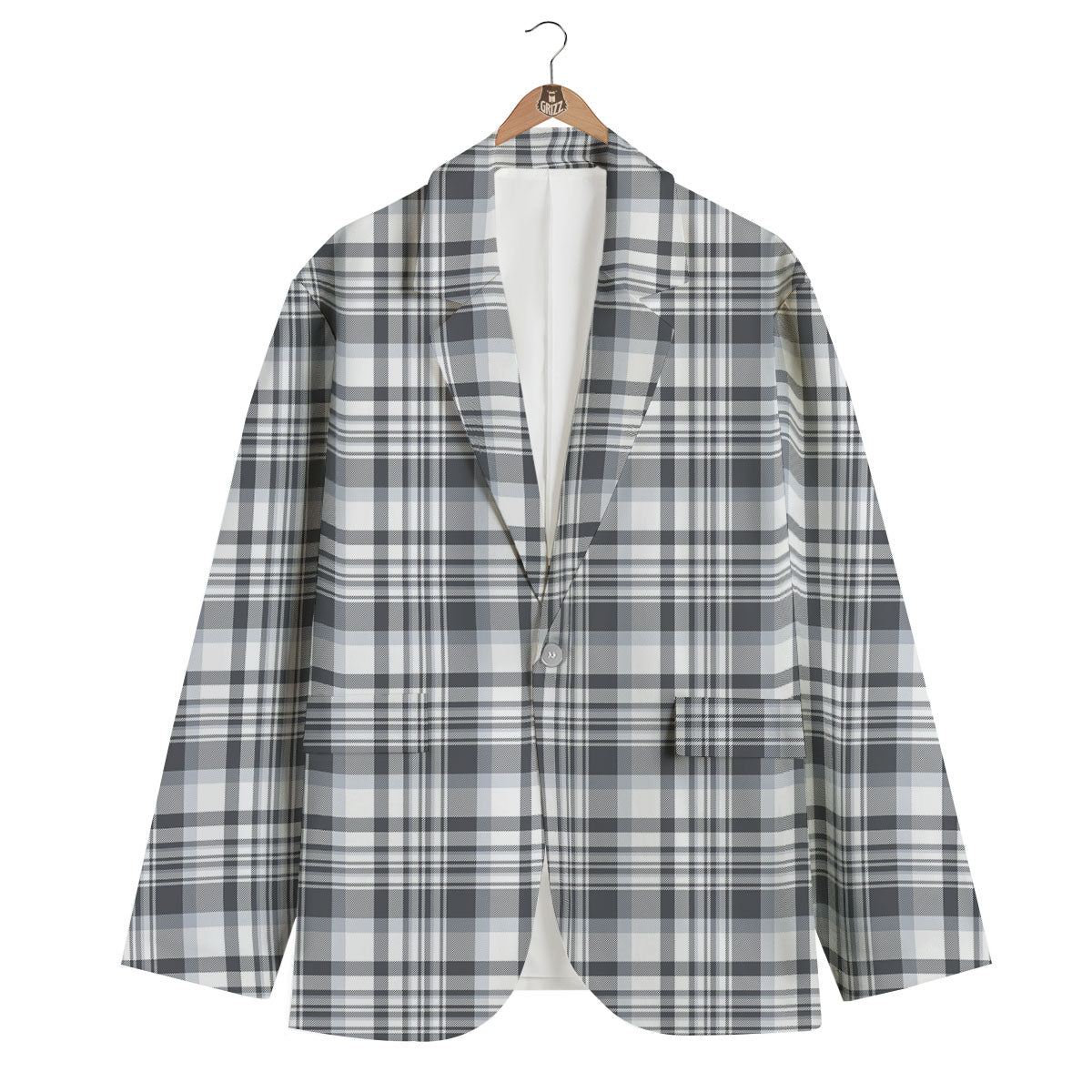 Border Tartan White And Grey Print Men's Blazer-grizzshop