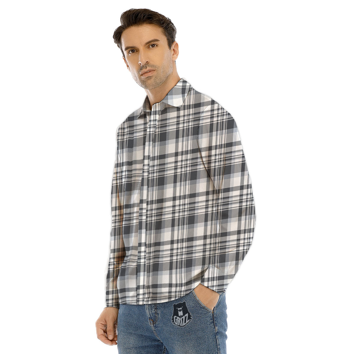 Border Tartan White And Grey Print Men's Dress Shirts-grizzshop