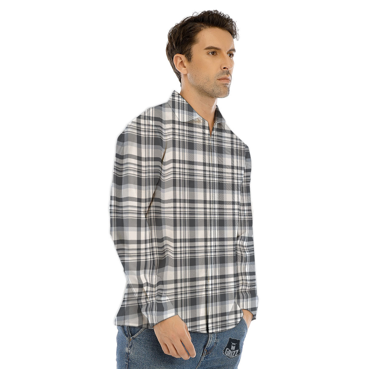 Border Tartan White And Grey Print Men's Dress Shirts-grizzshop