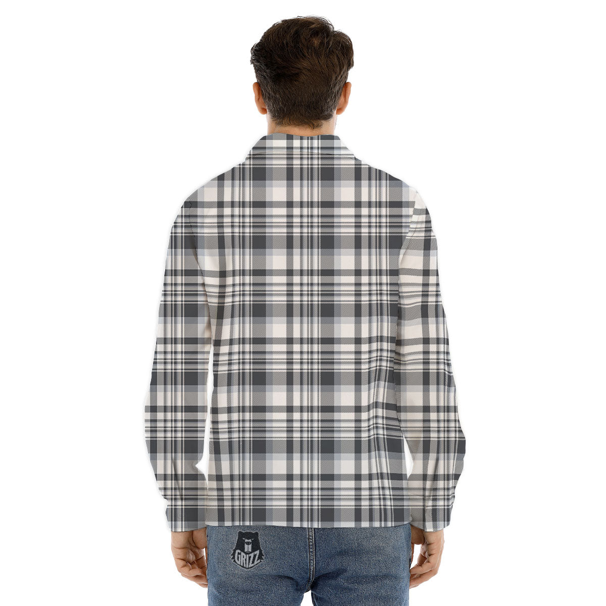 Border Tartan White And Grey Print Men's Dress Shirts-grizzshop