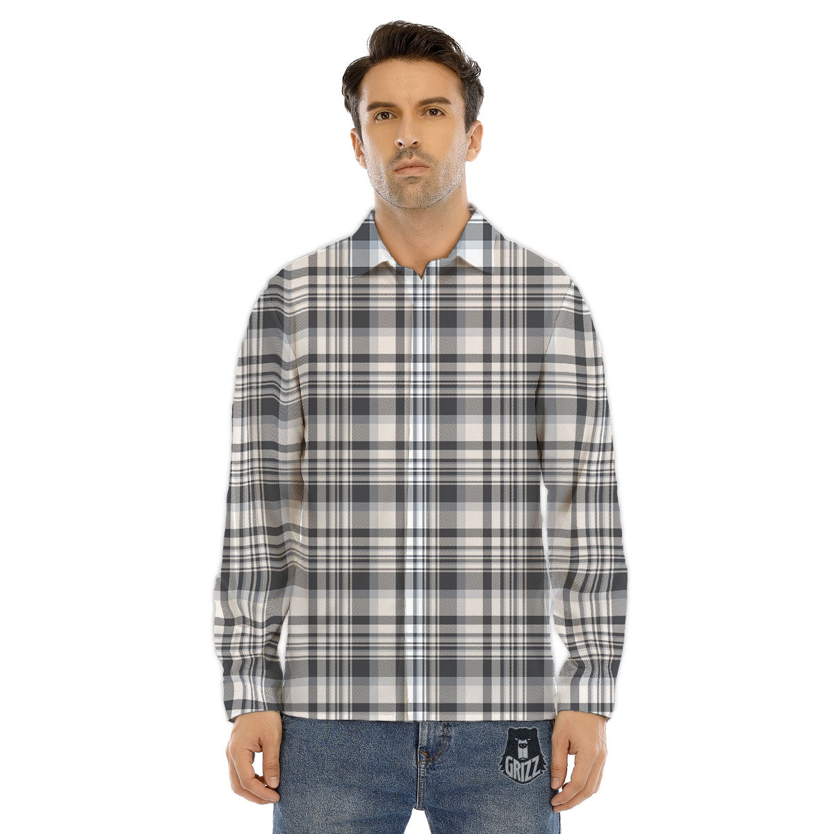 Border Tartan White And Grey Print Men's Dress Shirts-grizzshop