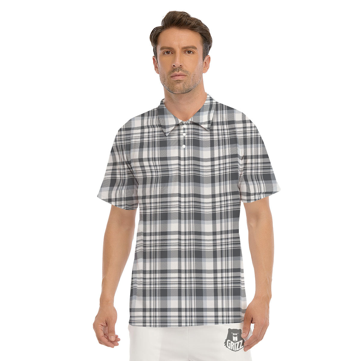 Border Tartan White And Grey Print Men's Golf Shirts-grizzshop