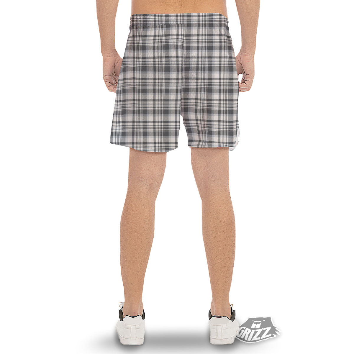 Border Tartan White And Grey Print Men's Gym Shorts-grizzshop