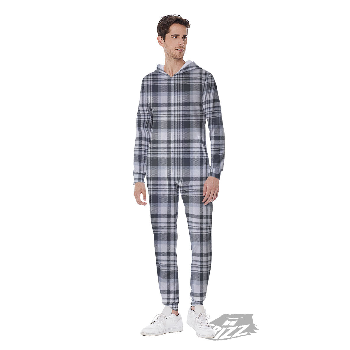 Border Tartan White And Grey Print Men's Jumpsuit-grizzshop