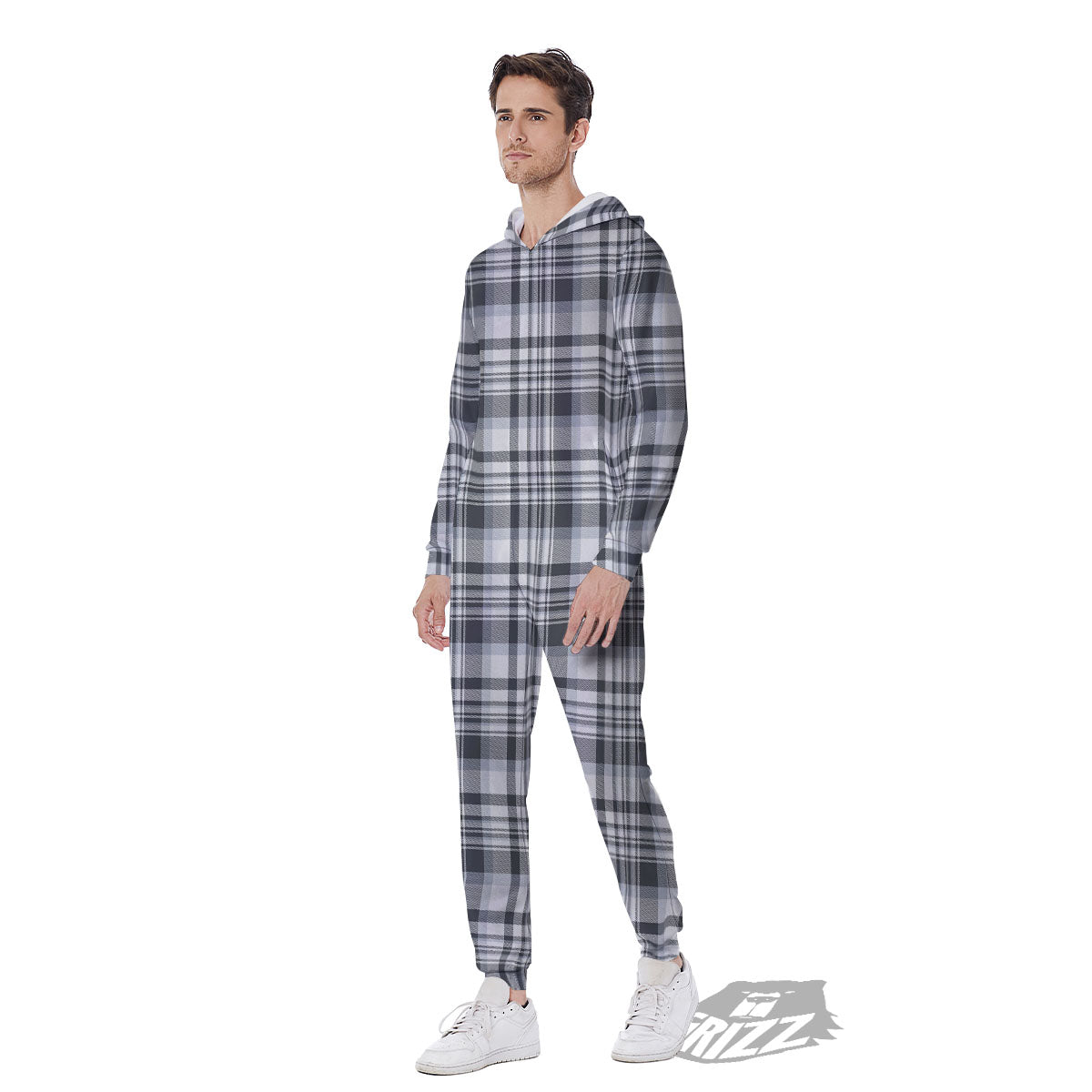 Border Tartan White And Grey Print Men's Jumpsuit-grizzshop
