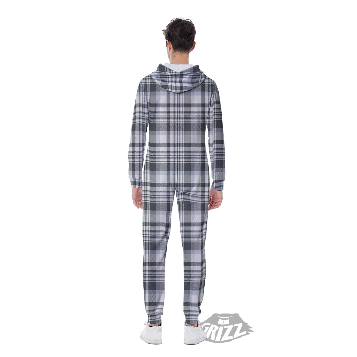 Border Tartan White And Grey Print Men's Jumpsuit-grizzshop