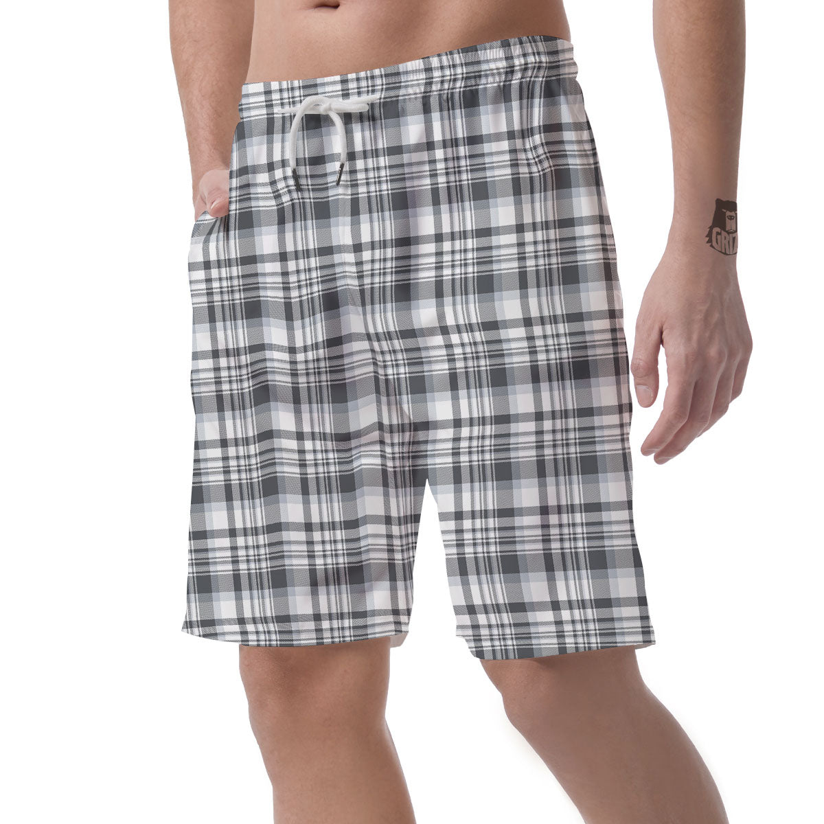 Border Tartan White And Grey Print Men's Shorts-grizzshop