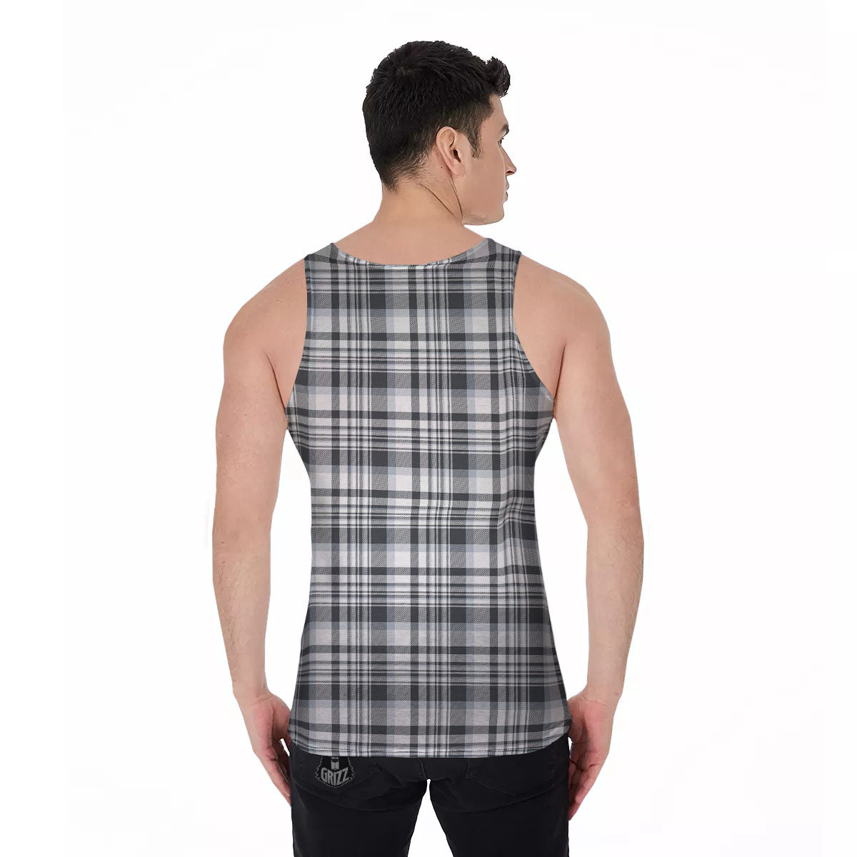Border Tartan White And Grey Print Men's Tank Top-grizzshop