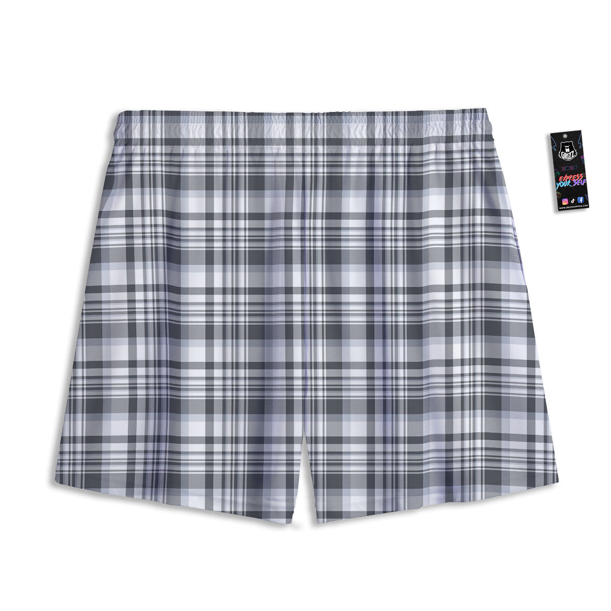 Border Tartan White And Grey Print Mesh Shorts