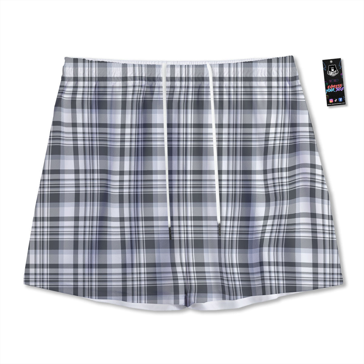 Border Tartan White And Grey Print Mesh Shorts