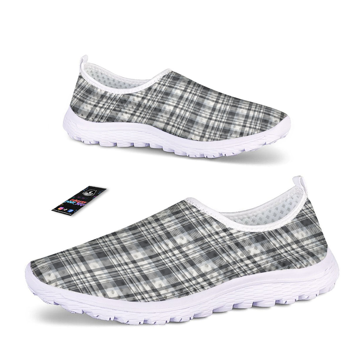 Border Tartan White And Grey Print Nurse Shoes-grizzshop