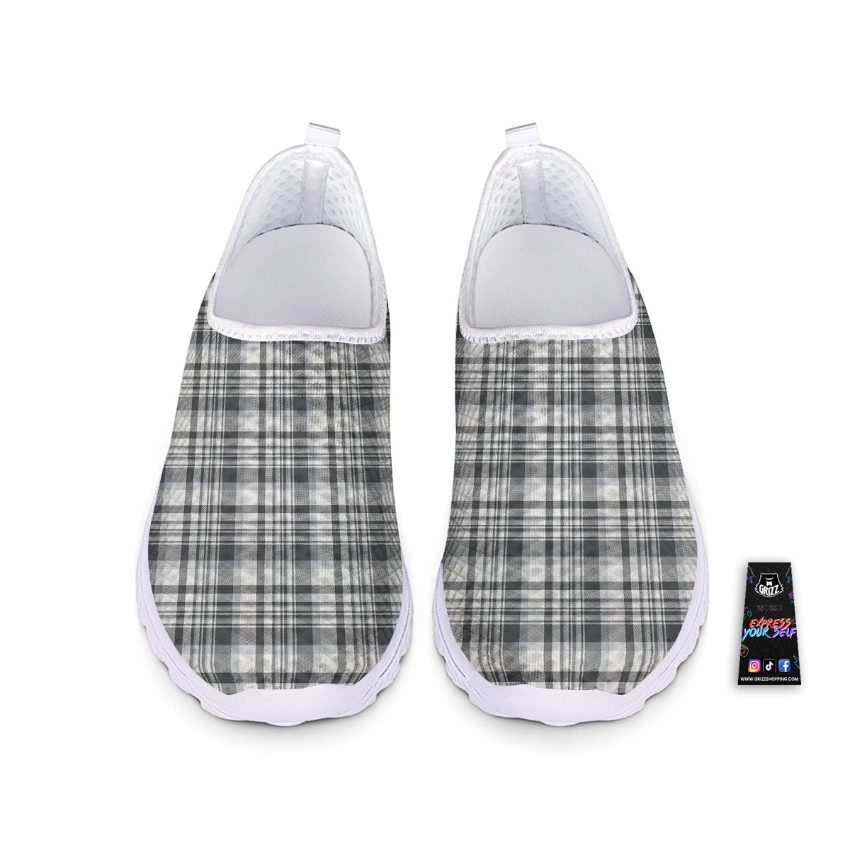 Border Tartan White And Grey Print Nurse Shoes-grizzshop