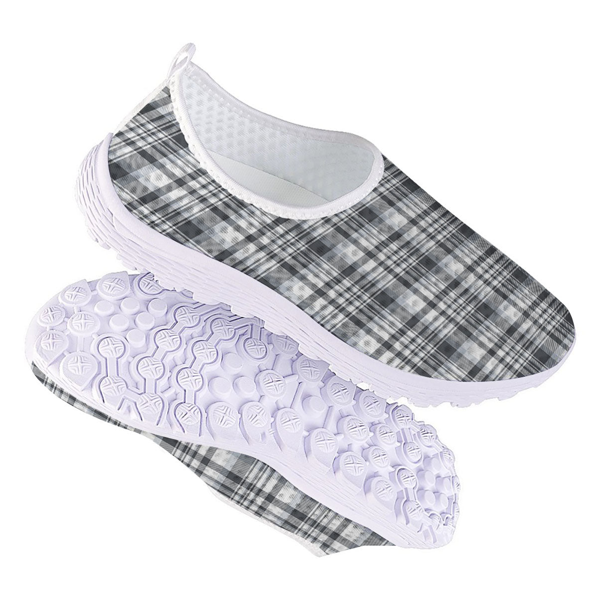 Border Tartan White And Grey Print Nurse Shoes-grizzshop
