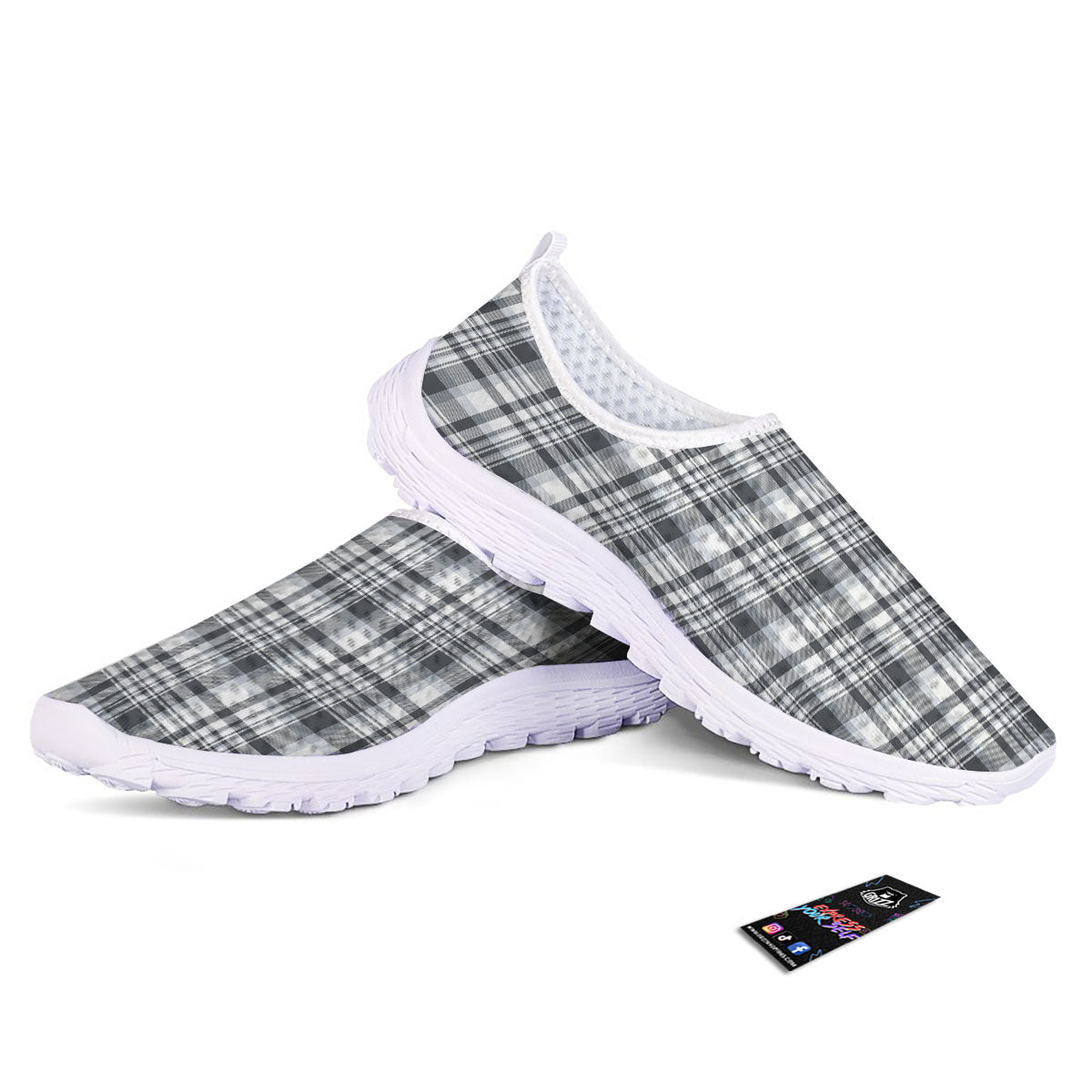 Border Tartan White And Grey Print Nurse Shoes-grizzshop