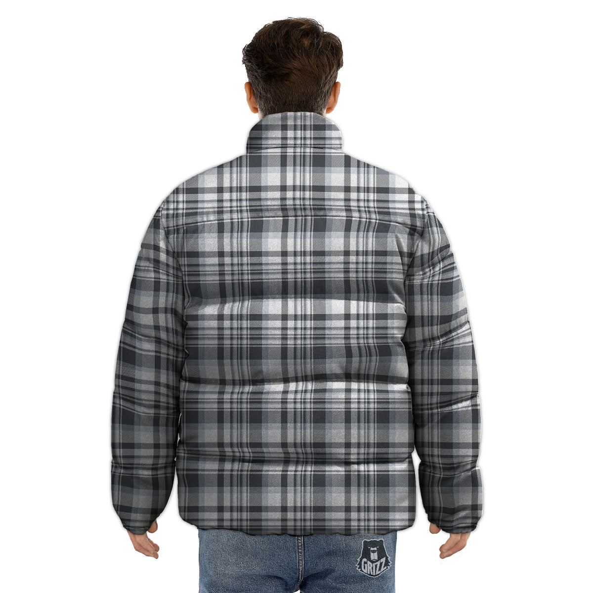 Border Tartan White And Grey Print Puffer Jacket-grizzshop