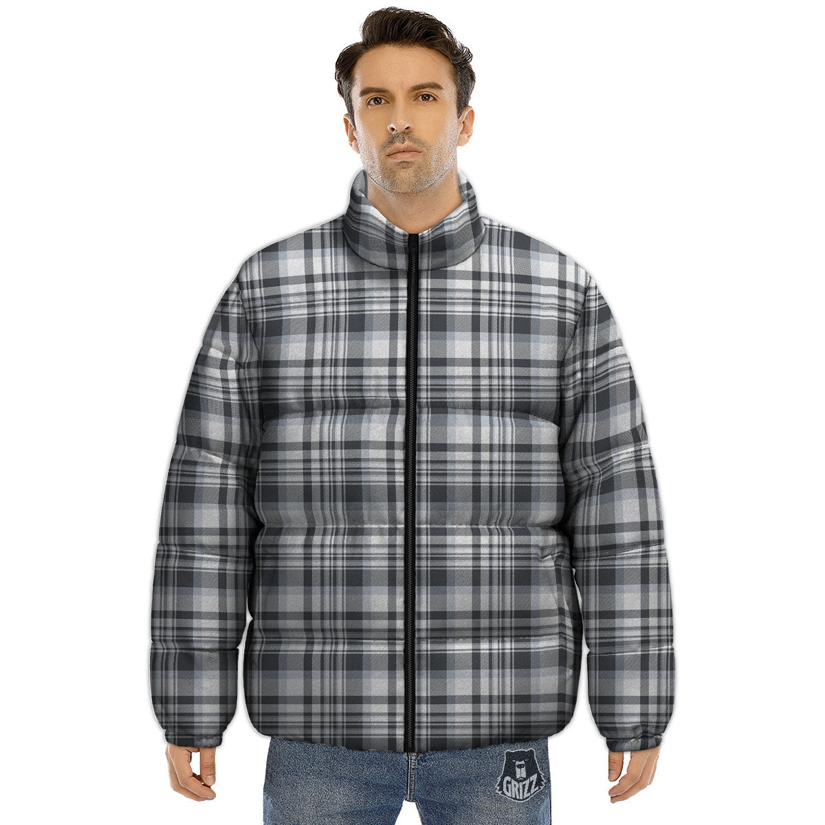 Border Tartan White And Grey Print Puffer Jacket-grizzshop
