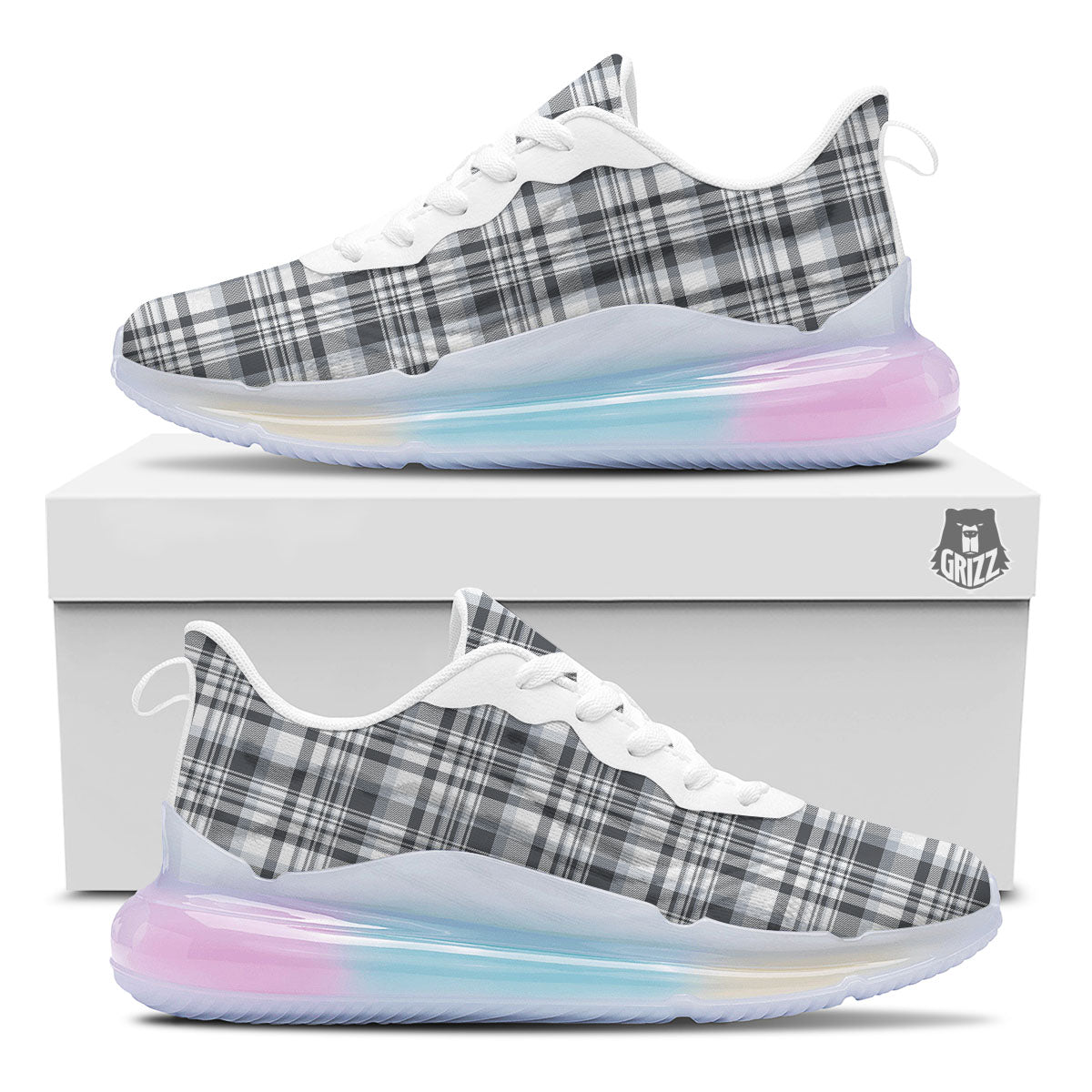 Border Tartan White And Grey Print Running Sneakers-grizzshop