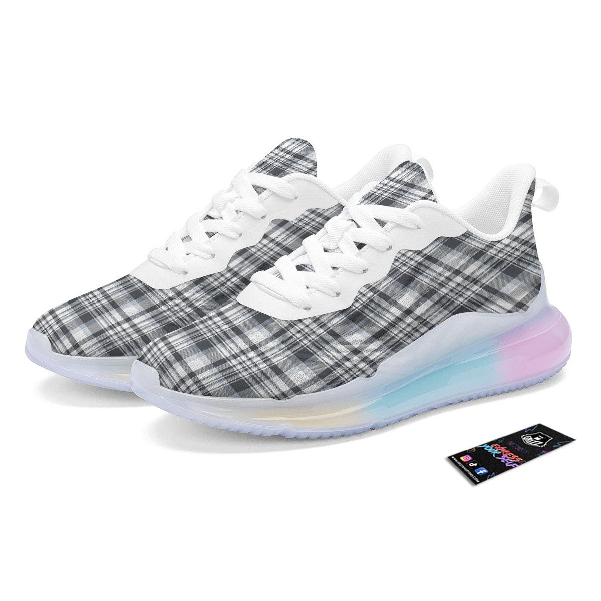 Border Tartan White And Grey Print Running Sneakers-grizzshop