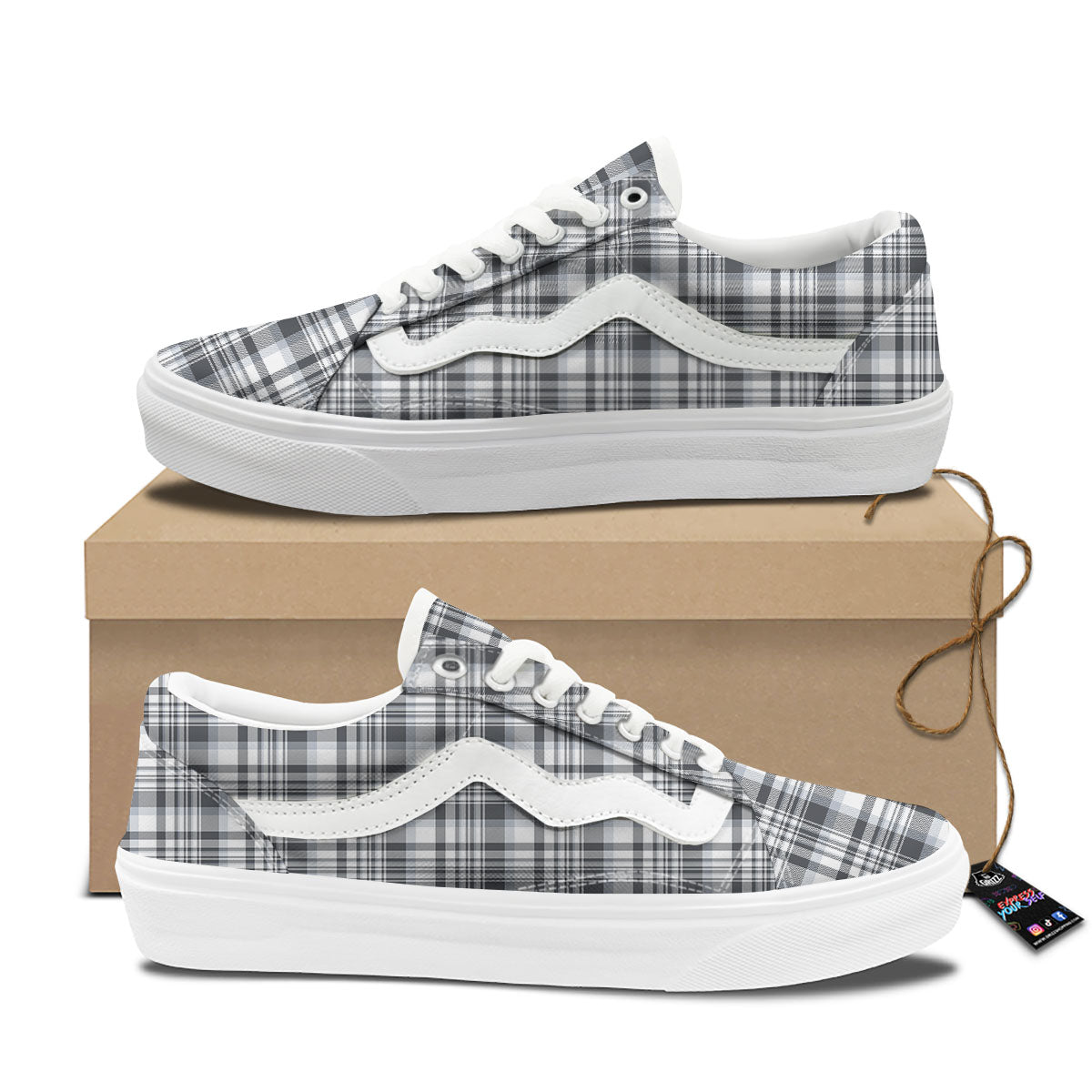 Border Tartan White And Grey Print Skate Shoes-grizzshop