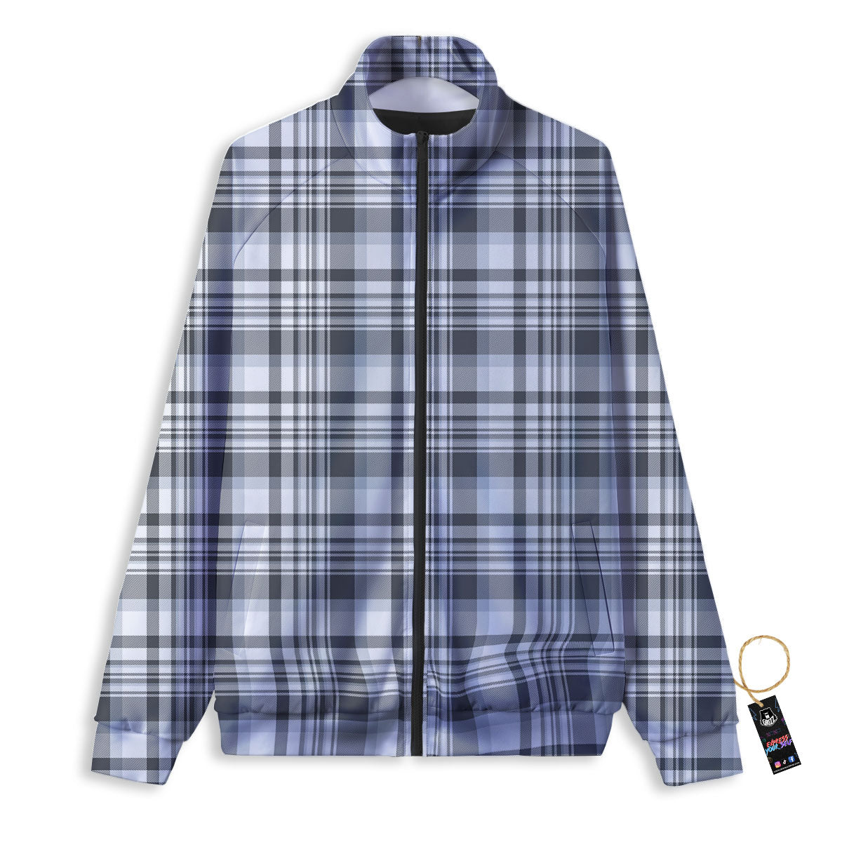 Border Tartan White And Grey Print Track Jacket-grizzshop