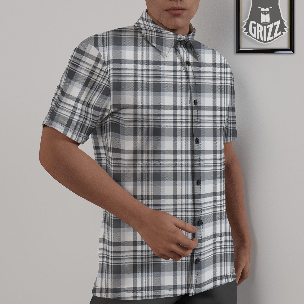 Border Tartan White And Grey Print Untucked Shirts-grizzshop