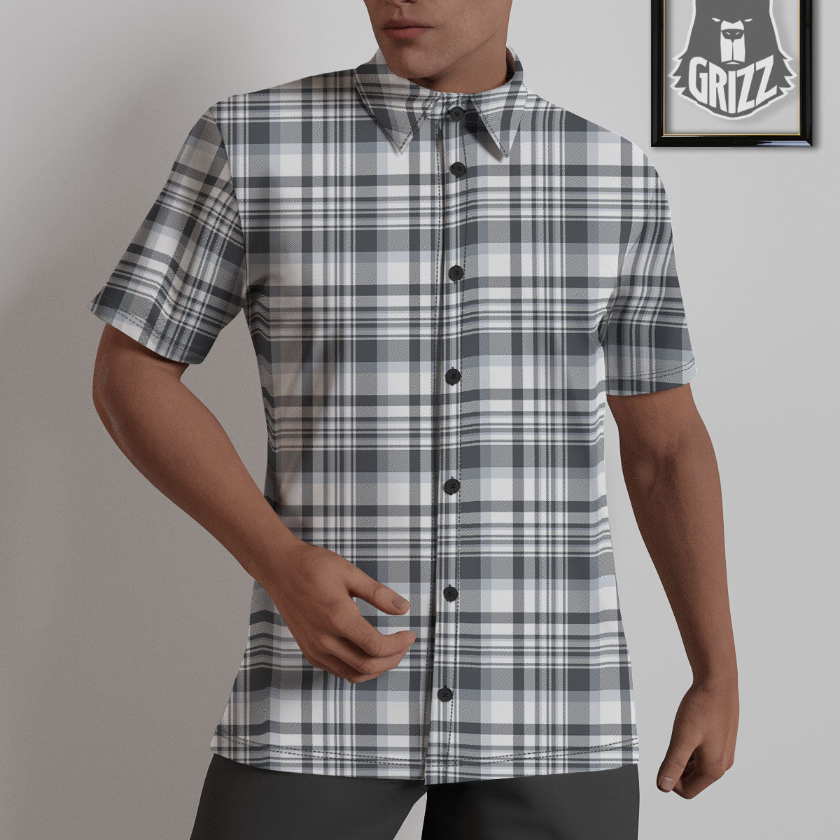 Border Tartan White And Grey Print Untucked Shirts-grizzshop