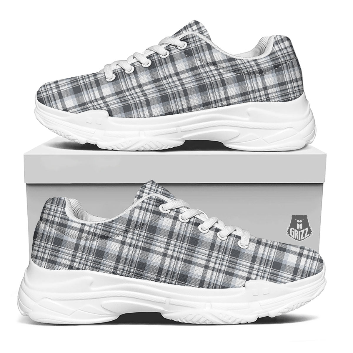 Border Tartan White And Grey Print White Chunky Shoes-grizzshop