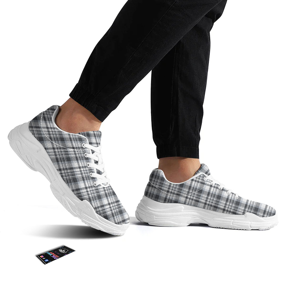 Border Tartan White And Grey Print White Chunky Shoes-grizzshop