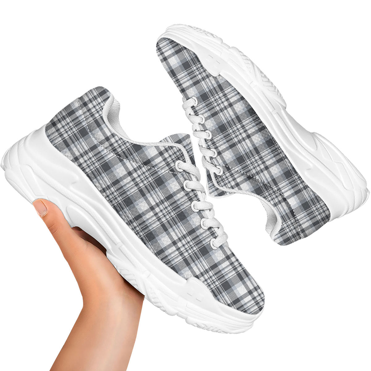 Border Tartan White And Grey Print White Chunky Shoes-grizzshop