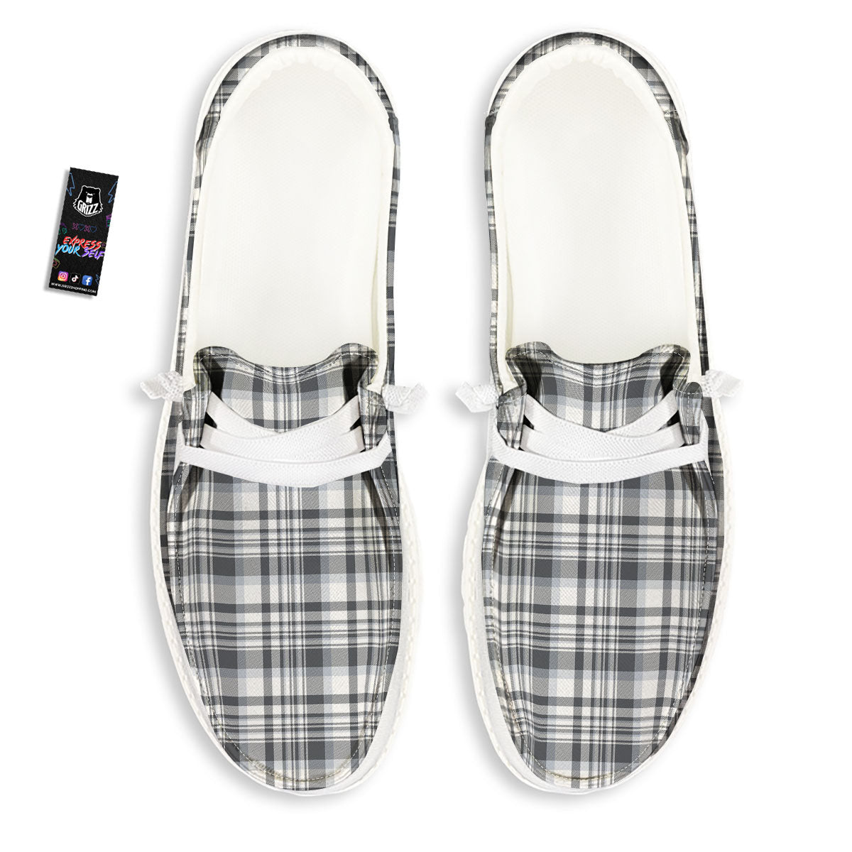 Border Tartan White And Grey Print White Loafers-grizzshop