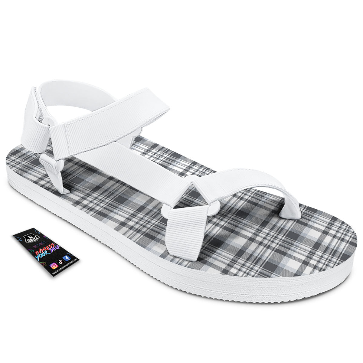 Border Tartan White And Grey Print White Open Toe Sandals-grizzshop