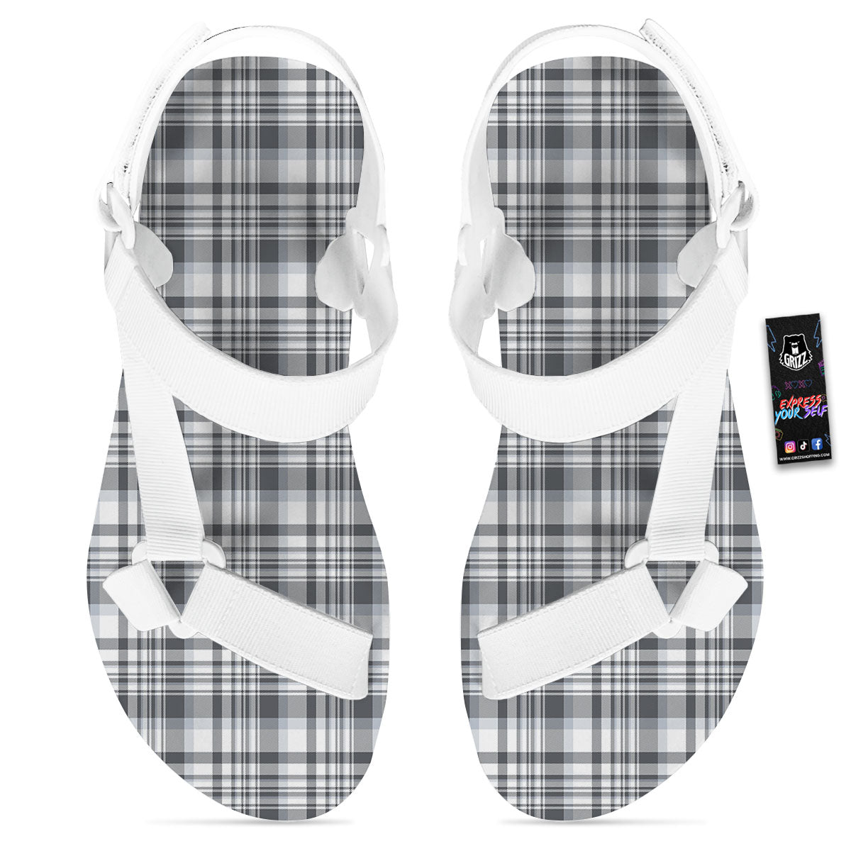 Border Tartan White And Grey Print White Open Toe Sandals-grizzshop