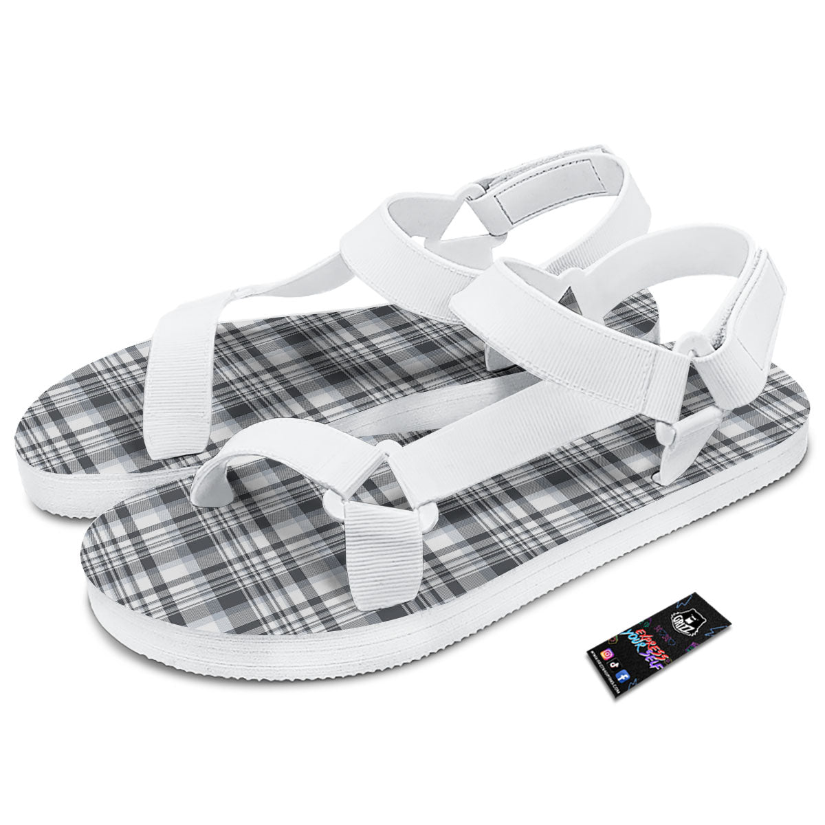 Border Tartan White And Grey Print White Open Toe Sandals-grizzshop